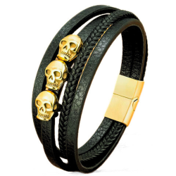 Armband für Herren aus Leder mit drei Totenköpfen und Edelstahl-Gold-Magnetverschluss, anpassbar