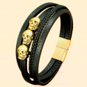 Bracelet Homme Cuir Avec Trois Têtes de Mort et Fermoir Acier Inoxydable Or Magnétique Personnalisable