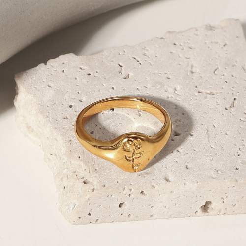 Chevalière Rose Or - Bague Femme Fleur en Acier Inoxydable Dorée à l'Or Fin