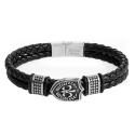 Men's Leather Bracelet Ornate with a Shield Blazon with Flower of Lys Double Rangs Clasp Steel