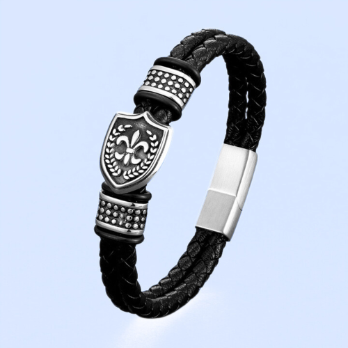 Bracciale da uomo in pelle decorato con stemma a scudo con doppia fila di giglio e chiusura in acciaio personalizzabile