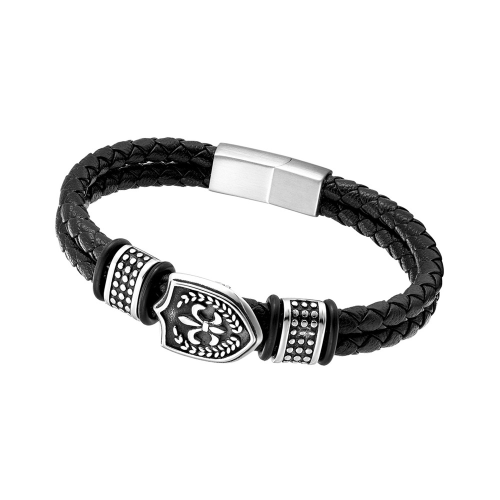 Men's Leather Bracelet Ornate with a Blazon Shield and Flower of Lys Double Ranks Clasp Steel