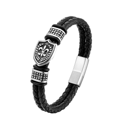 Herren Lederarmband Ornate mit einem Schild Blazon mit Lilien Blume Double Ranks Clasp Edelstahl