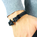 Men's double leather cord bracelet with black steel clasp, navy anchor 22cm