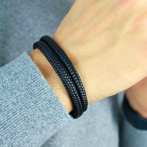 Men's double leather cord bracelet with black...