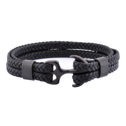 Bracelet pour homme double cordon cuir fermoir acier noir ancre marine 22cm