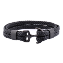 Pulsera hombre doble cordón de cuero con cierre de acero negro, ancla azul marino 22cm