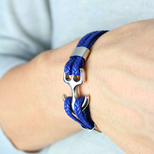 Bracelet blue clasp anchor marine stainless steel silver for men