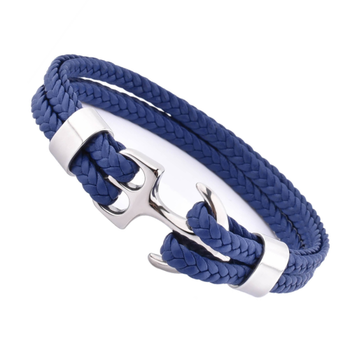 Pulsera Azul Cierre de cuero Ancla de acero de plata marina para hombres