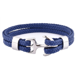Bracciale in pelle Chiusura blu Ancora marina in acciaio inossidabile argento per gli uomini