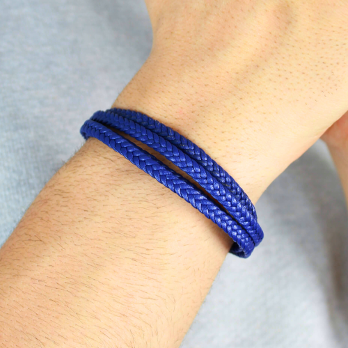 Pulsera de cuero azul Ancla marina de doble fila en acero inoxidable plata para hombres