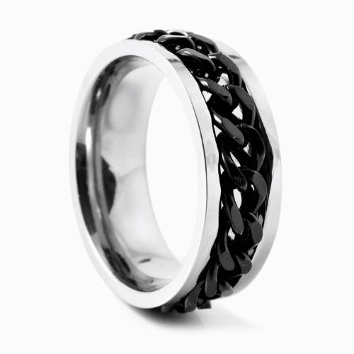 Anneau de Fiançailles Homme Chaine Noire - Bague Anti-stress Tournante Acier Inoxydable