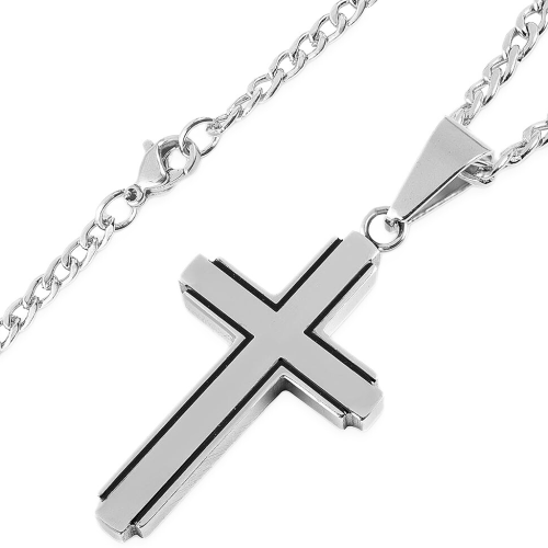 Black Line Cross Men's Pendant Bords and Chain Included in Stainless Steel