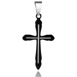 Pendentif Homme Croix Superposées Bicolore Noire et Argent Acier Inoxydable et Chaine Incluse