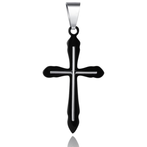 Pendentif Homme Croix Superposées Bicolore Noire et Argent Acier Inoxydable et Chaine Incluse
