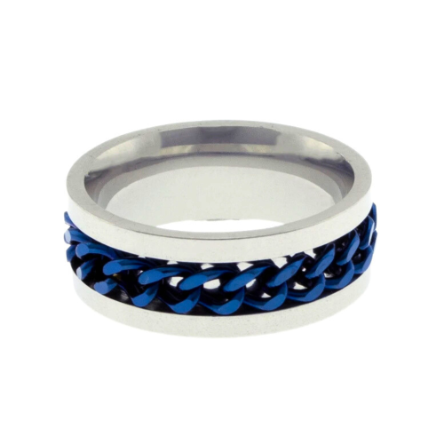 Blauer Herren-Verlobungsring mit Kette – drehbarer Anti-Stress-Ring aus Edelstahl