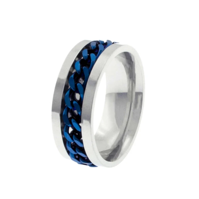 Blue Chain Men's Engagement Ring Stainless Steel Rotating Anti