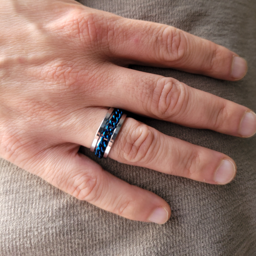 Anillo de compromiso de hombres de cadena azul - bola de acero inoxidable