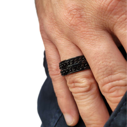 Anello ad anello da uomo in acciaio inox tutto nero duo che gira lo stress