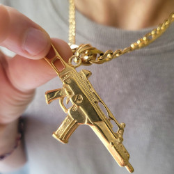 AK47 Colgante collar XXL militar Fusil de acero chapado en oro para hombres - cadena de figaro 55cm 7mm incluido