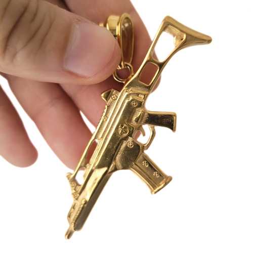 Colgante AK47 Collar XXL Fusil de arma militar Acero plateado de oro de hombres - Cinta de Figaro 55cm 7mm incluido