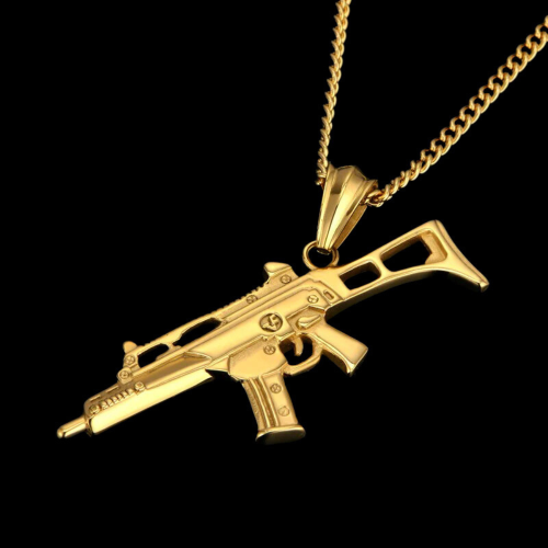 Pendente AK47 XXL militare Fusil acciaio placcato oro maschile - Figaro catena 55cm 7mm incluso