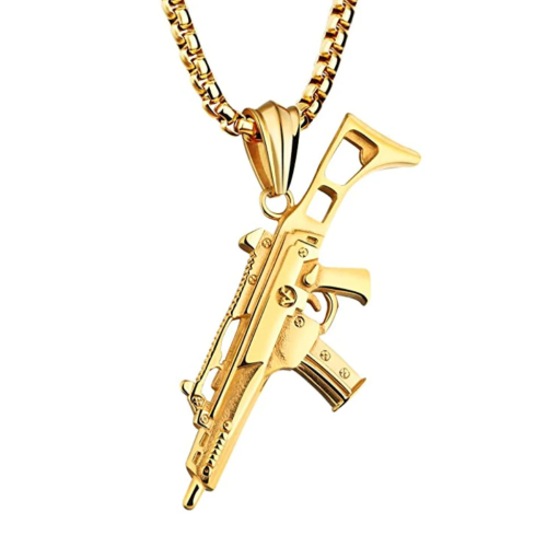 AK47 Anhänger Halskette XXL Militär Fusil Herren Gold überzogen Stahl - Figaro Kette 55cm 7mm enthalten