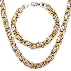 Set catena e bracciale uomo acciaio placcato oro bizantino bling 8mm