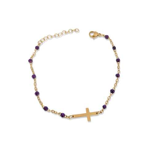Bracciale Da Donna Con Perline Con Croce Del Rosario Trendy In Acciaio Pregiato Dorato Viola