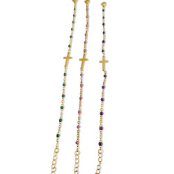 Bracelet Femme Perles Avec Croix Rosaire Tendance en Acier Or Fin