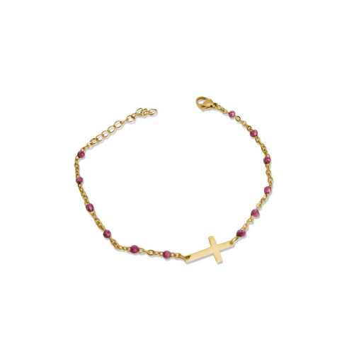 Bracciale Da Donna Con Perline Con Croce Del Rosario Di Tendenza In Pregiato Acciaio Rose Gold