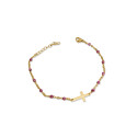 Bracelet Femme Perles Avec Croix Rosaire Tendance en Acier Or Fin rose