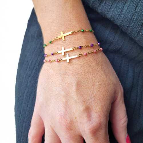 Pulsera de las mujeres con Rosary Cross Gold Steel Trend Fine Pearl Color para elegir