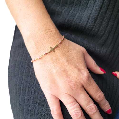 Bracelet Femme Perles Avec Croix Rosaire Tendance en Acier Or Fin couleur rose