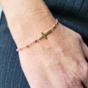 Bracciale donna con rosario Croce Oro Tendenza d'acciaio Fine rosa Perline