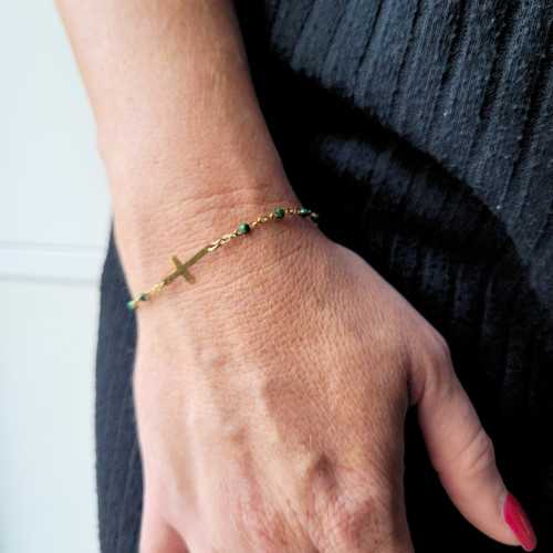 Bracciale da Donna con Croce del Rosario Trendy in Acciaio Pregiato Oro con grani rosa