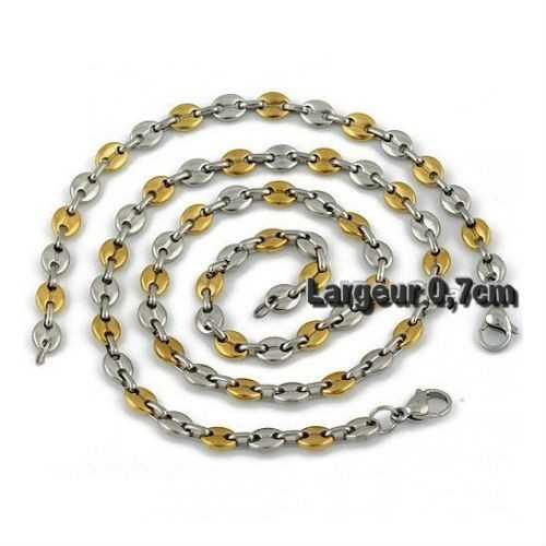 ORNAMENTO BRACCIALETTO + CATENA GOURMET UOMO ADOLESCENTE DONNA NOVE NUOVE ACCIAIO MASSICCIO GRANO DI CAFFÈ 7MM PIASTRA D'ORO 18 