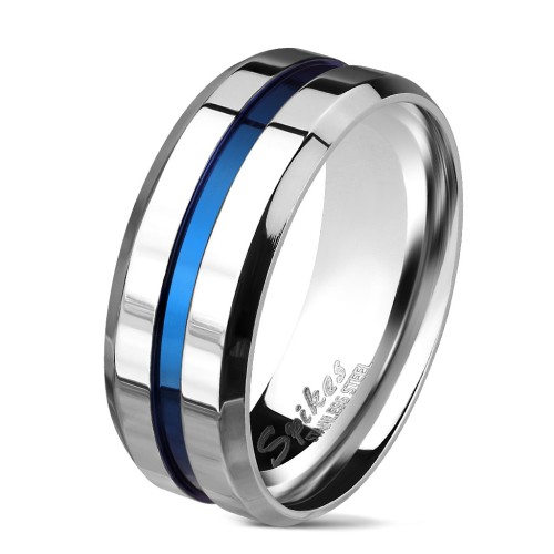 Bague anneau homme acier poli bicolore rainure bande centrale bleu
