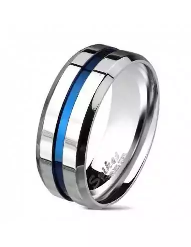 Bague anneau homme acier poli bicolore rainure bande centrale bleu