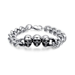 Pulsera hombre cadena acero con 3 calaveras malla cubana biker