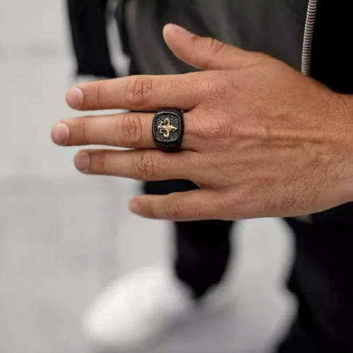 Anello di fiore Lis uomo in acciaio inossidabile colore nero - Royalist Chevalière