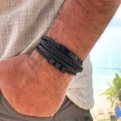 Pulsera de Hombres de Cuero Negro Cuatro Ranchos y Insertar Placa de acero inoxidable para la personalización