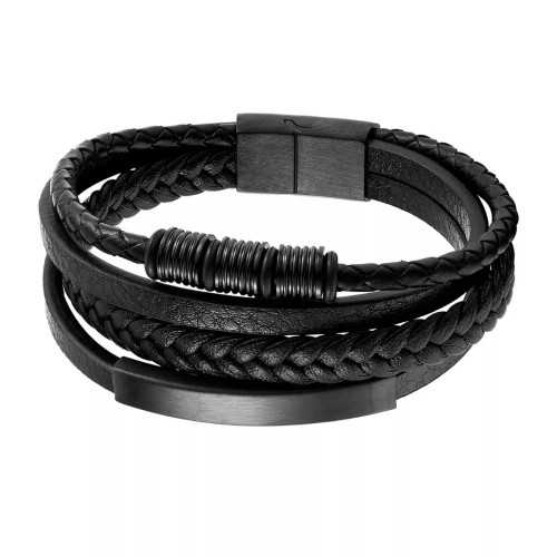 Pulsera de los hombres cuero Negro Cuatro Ranchos y Cilindro de acero inoxidable para personalizar