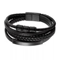 Men's Bracelet Leather Black Four Ranks and Cylinder Stainless Steel Plate to Customize