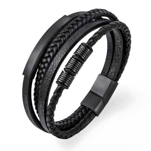 Men's Bracelet Black Leather Four Ranks and Insert Stainless Steel Plate to Customize