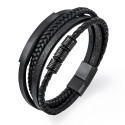Men's Bracelet Black Leather Four Ranks and Insert Stainless Steel Plate to Customize