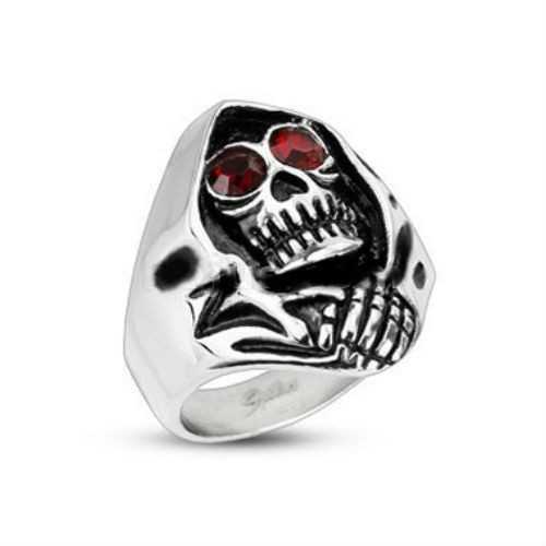 Anello da uomo in acciaio occhi teschio zircone rosso grim reaper reaper