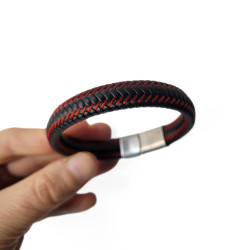 Brazalete de hombre de cuero rojo y negro y cierre de acero rugby football