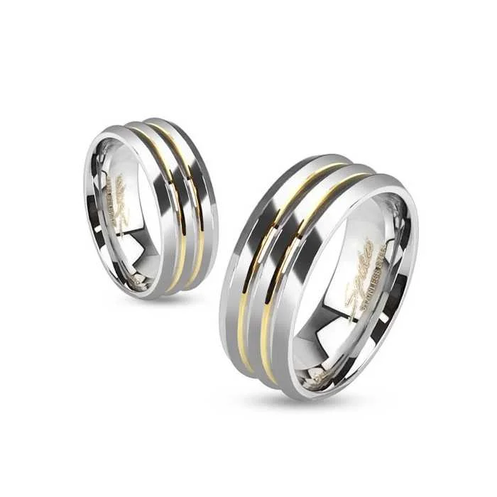 Bague anneau de fiançailles homme titane et lignes doré à l'or fin