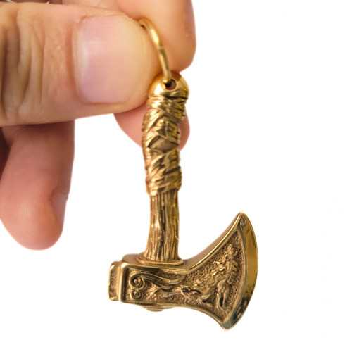 Collier Pendentif Hache Viking Nordique Loup en Acier Doré et Chaine Incluse